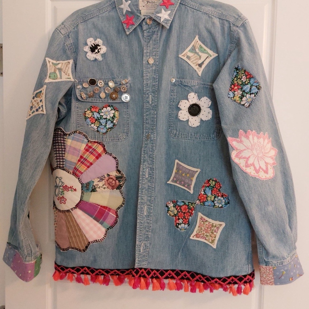 Polo Ralph Lauren Quilt Denim Jacket Floral Quilt Appliqué Upcycled Reworked LG
